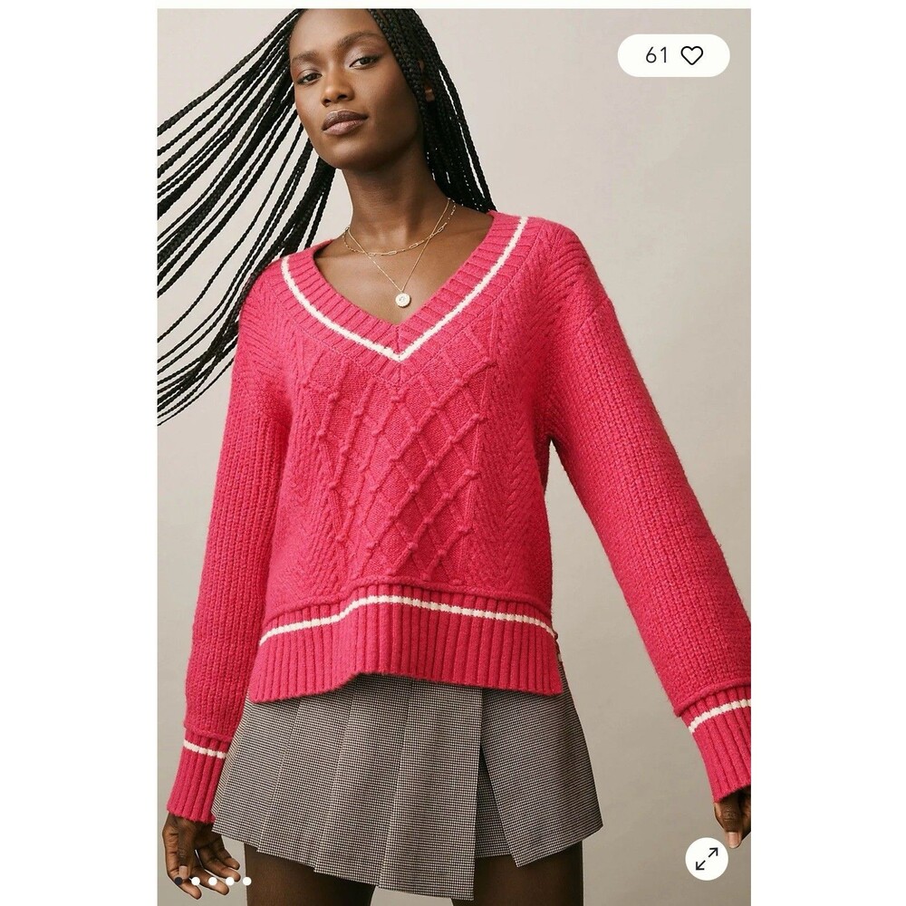 Maeve by Anthropologie Tilly V-Neck Pink Sweater Size Large Preppy Academia 90s